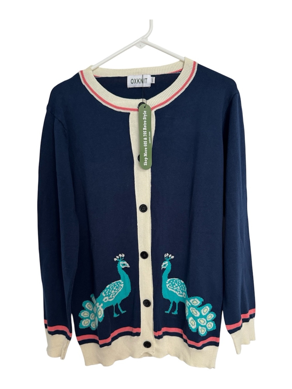 NWT Oxknit Navy Peacock Novelty Print Cardigan Sweater Size Large